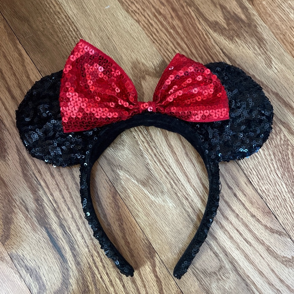 Disney Black Sequin Mouse Ears Headband with Red Bow